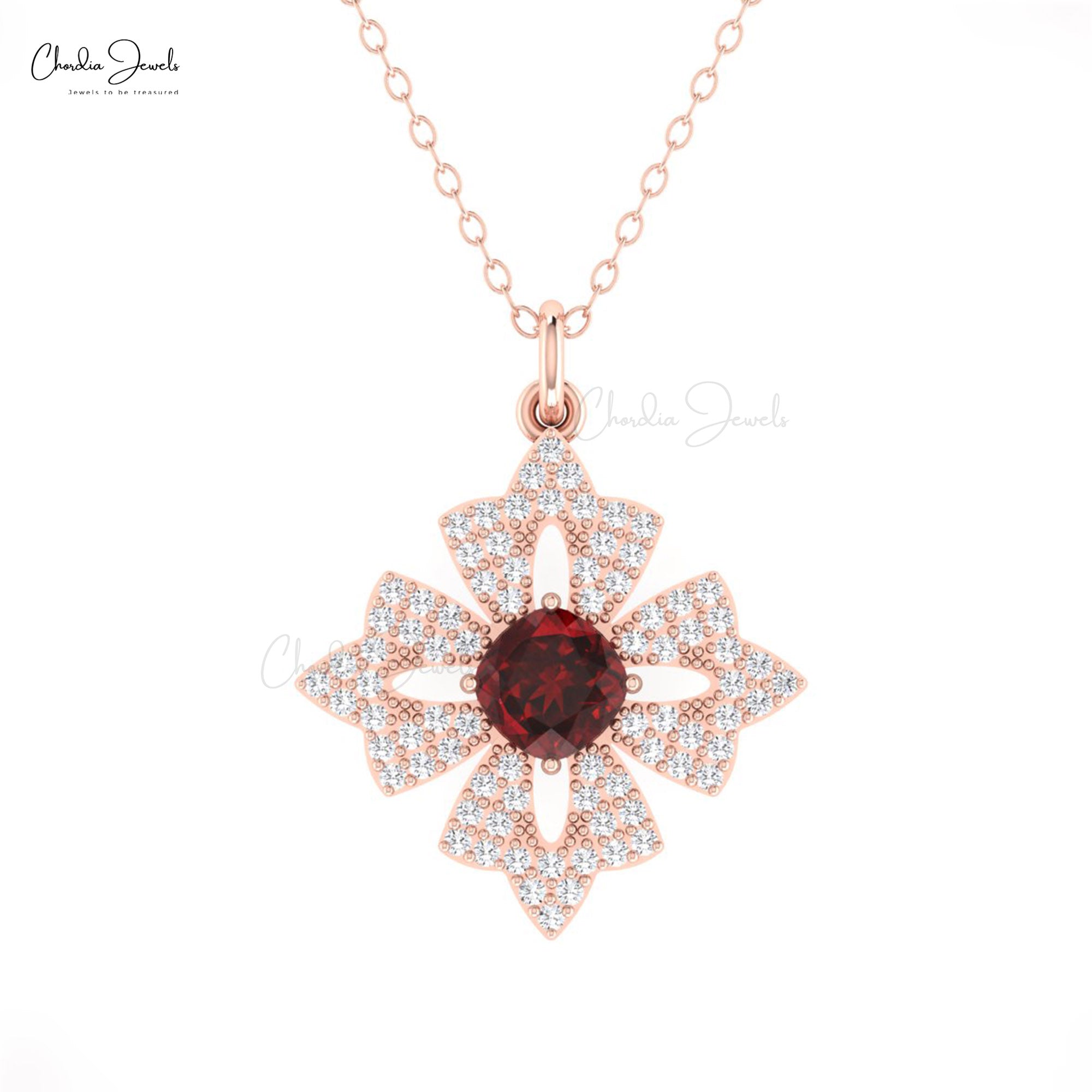 Dainty Cluster Diamond Pendant In Real 14k Gold Red Garnet 5mm Gemstone Floral Pendants