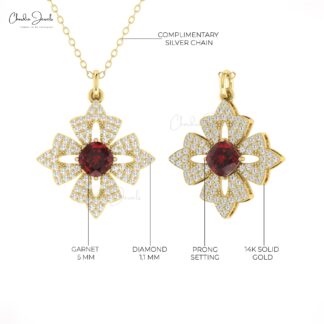Dainty Cluster Diamond Pendant In Real 14k Gold Red Garnet 5mm Gemstone Floral Pendants