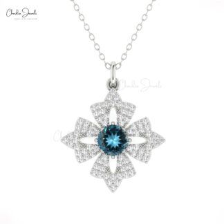 Daisy Floral Cushion Pendant In 14k Real Gold London Blue Topaz And Diamond Necklace