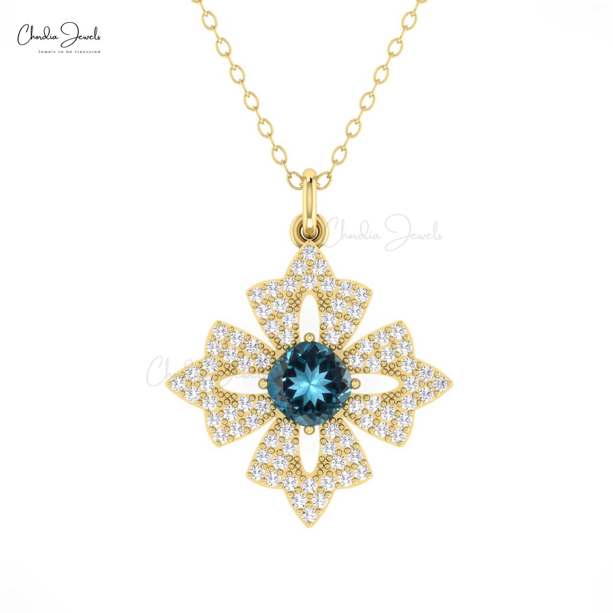 Daisy Floral Cushion Pendant In 14k Real Gold London Blue Topaz And Diamond Necklace