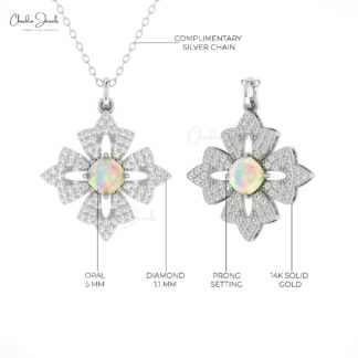 Floral Cluster Women Pendant In Real 14kl Gold Fire Opal 0.6 Ct Gemstone Diamond Pendants