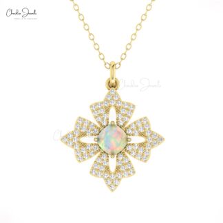 Floral Cluster Women Pendant In Real 14kl Gold Fire Opal 0.6 Ct Gemstone Diamond Pendants