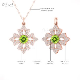 Cushion Dangle Pendant With 5mm Peridot And Diamond Floral Necklace In 14k Gold Jewelry
