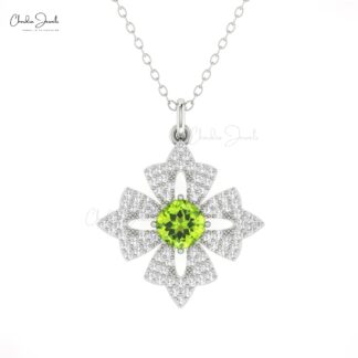 Cushion Dangle Pendant With 5mm Peridot And Diamond Floral Necklace In 14k Gold Jewelry