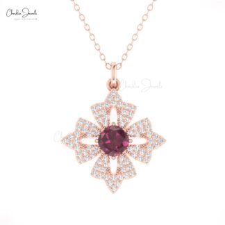 Dangle Wedding Pendant In Solid 14k Gold Rhodolite Garnet 5mm And Diamond Bridal Pendant