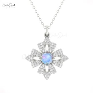 Dangle Diamond Cluster Pendant With 5mm Rainbow Moonstone Floral Pendants In 14k Real Gold
