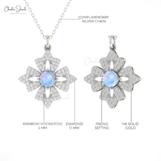 Dangle Diamond Cluster Pendant With 5mm Rainbow Moonstone Floral Pendants In 14k Real Gold
