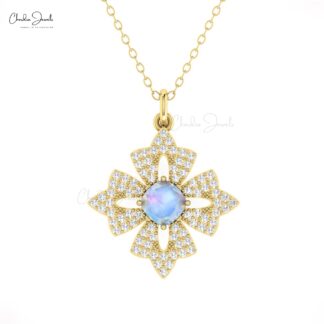 Dangle Diamond Cluster Pendant With 5mm Rainbow Moonstone Floral Pendants In 14k Real Gold