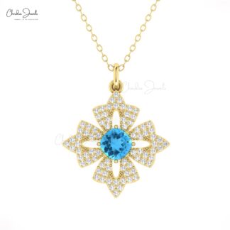 Gemstone Floral Pendant With 0.6 Ct Swiss Blue Topaz Diamond Dangle Necklace In 14k Gold