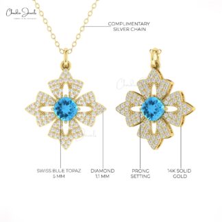 Gemstone Floral Pendant With 0.6 Ct Swiss Blue Topaz Diamond Dangle Necklace In 14k Gold