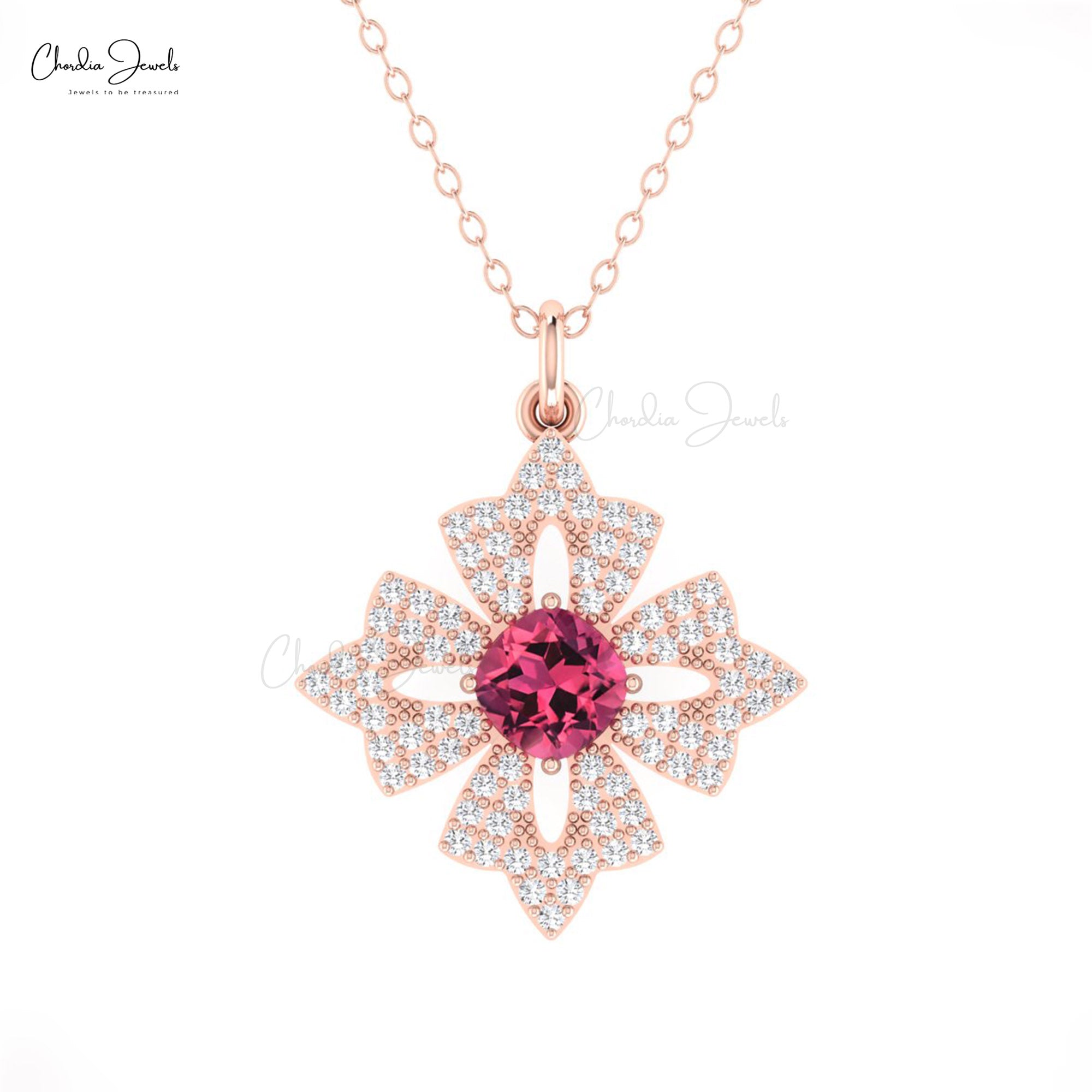 Cluster Diamond Pendant With 0.6 Ct Pink Tourmaline 14k Solid Gold Floral Women Pendants