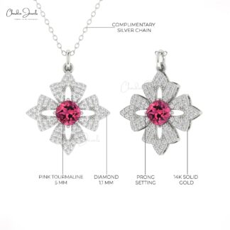 Cluster Diamond Pendant With 0.6 Ct Pink Tourmaline 14k Solid Gold Floral Women Pendants