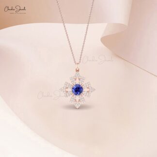 Floral Cushion Cut Pendant In 14k Real Gold Tanzanite 5mm Gemstone And Diamond Necklace