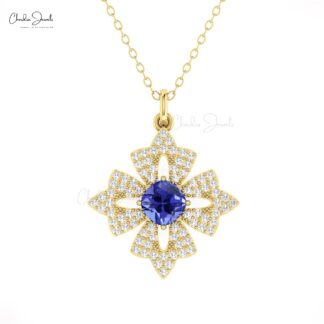 Floral Cushion Cut Pendant In 14k Real Gold Tanzanite 5mm Gemstone And Diamond Necklace