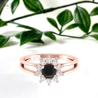 Split Shank Diamond Halo Ring In 14k Pure Gold Black Diamond April Birthstone Bridal Rings