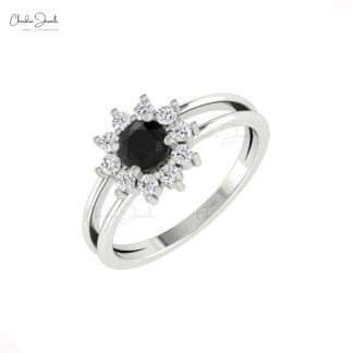 Split Shank Diamond Halo Ring In 14k Pure Gold Black Diamond April Birthstone Bridal Rings