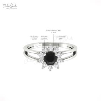 Split Shank Diamond Halo Ring In 14k Pure Gold Black Diamond April Birthstone Bridal Rings