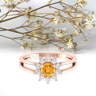 Dual Shank Engagement Ring In Pure 14k Gold Citrine 5mm Round Cut Diamond Floral Rings