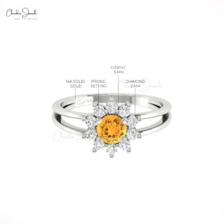 Dual Shank Engagement Ring In Pure 14k Gold Citrine 5mm Round Cut Diamond Floral Rings