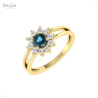 Solid 14k Gold Split Shank Ring With 0.4 Ct London Blue Topaz Halo Diamond Bridal Ring