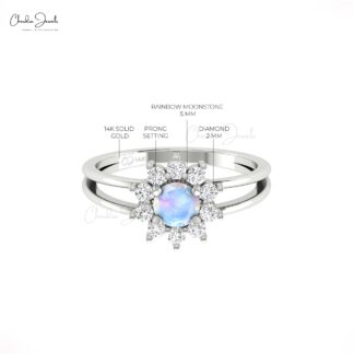 Halo Split Shank Women Ring In 14k Solid Gold Rainbow Moonstone Diamond Promise Rings