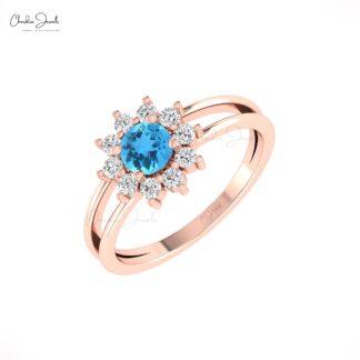 Floral Style Wedding Ring With 5mm Swiss Blue Topaz Halo Diamond Dainty Rings In 14k Gold