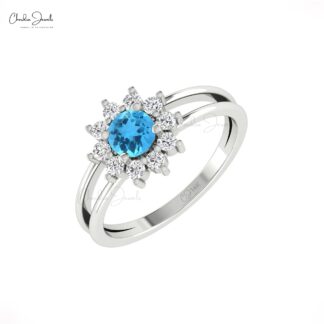 Floral Style Wedding Ring With 5mm Swiss Blue Topaz Halo Diamond Dainty Rings In 14k Gold
