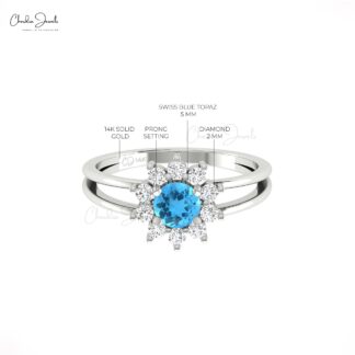 Floral Style Wedding Ring With 5mm Swiss Blue Topaz Halo Diamond Dainty Rings In 14k Gold