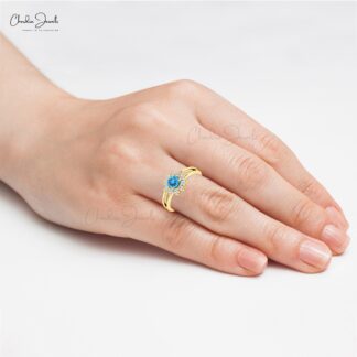 Floral Style Wedding Ring With 5mm Swiss Blue Topaz Halo Diamond Dainty Rings In 14k Gold