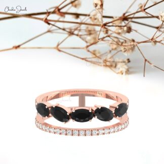 Dual Shank Stack Diamond Ring With 5x3mm Black Diamond Prong Set In 14k Real Gold Rings