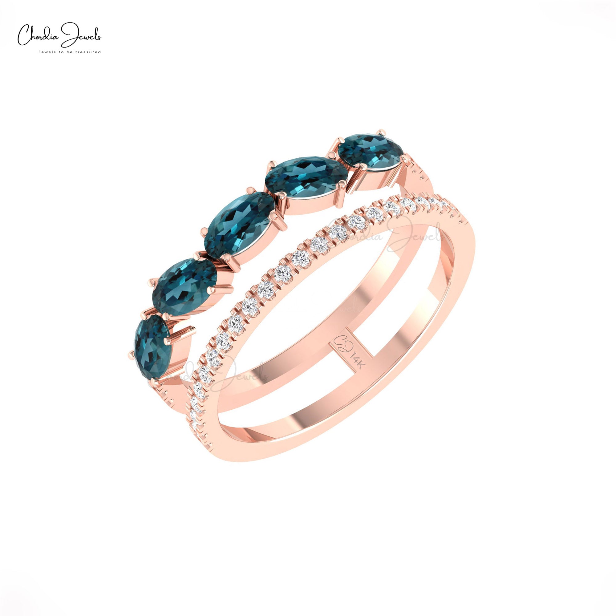 Stackable Twin Shank Diamond Ring In Solid 14k Gold London Blue Topaz Engagement Bands