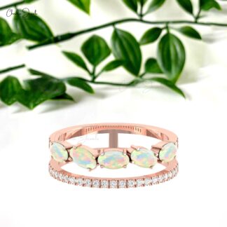 Gemstone Dual Band In Real 14k Gold Fire Opal 1.1 Ct Oval And G-H Diamond Handmade Ring