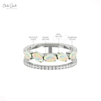Gemstone Dual Band In Real 14k Gold Fire Opal 1.1 Ct Oval And G-H Diamond Handmade Ring