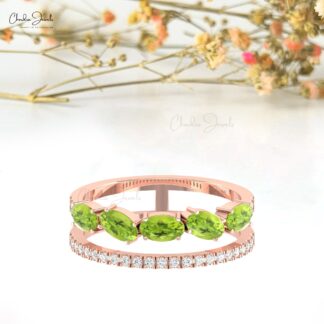 Natural Peridot Twin Shank Band With 5x3mm Oval Cut And Diamond 14k Solid Gold Rings