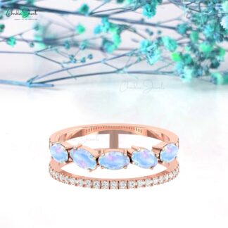 Pure 14k Gold Two Shank Band With 1.1 Ct Rainbow Moonstone And Diamond Wedding Rings