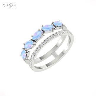 Pure 14k Gold Two Shank Band With 1.1 Ct Rainbow Moonstone And Diamond Wedding Rings