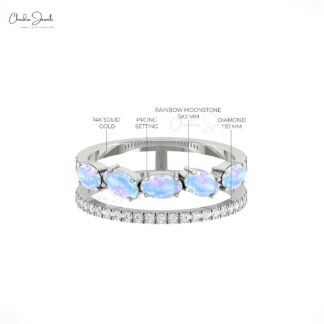 Pure 14k Gold Two Shank Band With 1.1 Ct Rainbow Moonstone And Diamond Wedding Rings