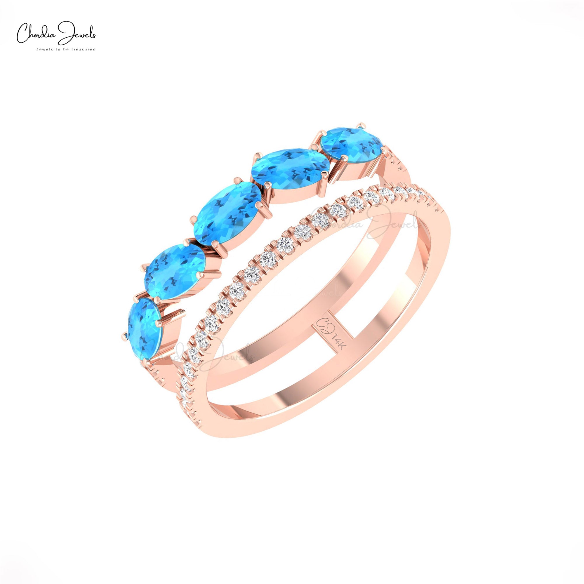 Delicate Dual Shank Stack Ring In 14k Real Gold Swiss Blue Topaz Diamond Hallmark Bands