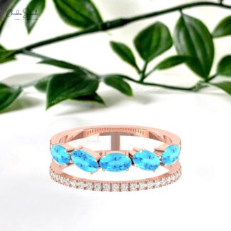 Delicate Dual Shank Stack Ring In 14k Real Gold Swiss Blue Topaz Diamond Hallmark Bands