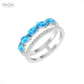 Delicate Dual Shank Stack Ring In 14k Real Gold Swiss Blue Topaz Diamond Hallmark Bands