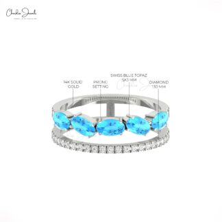Delicate Dual Shank Stack Ring In 14k Real Gold Swiss Blue Topaz Diamond Hallmark Bands