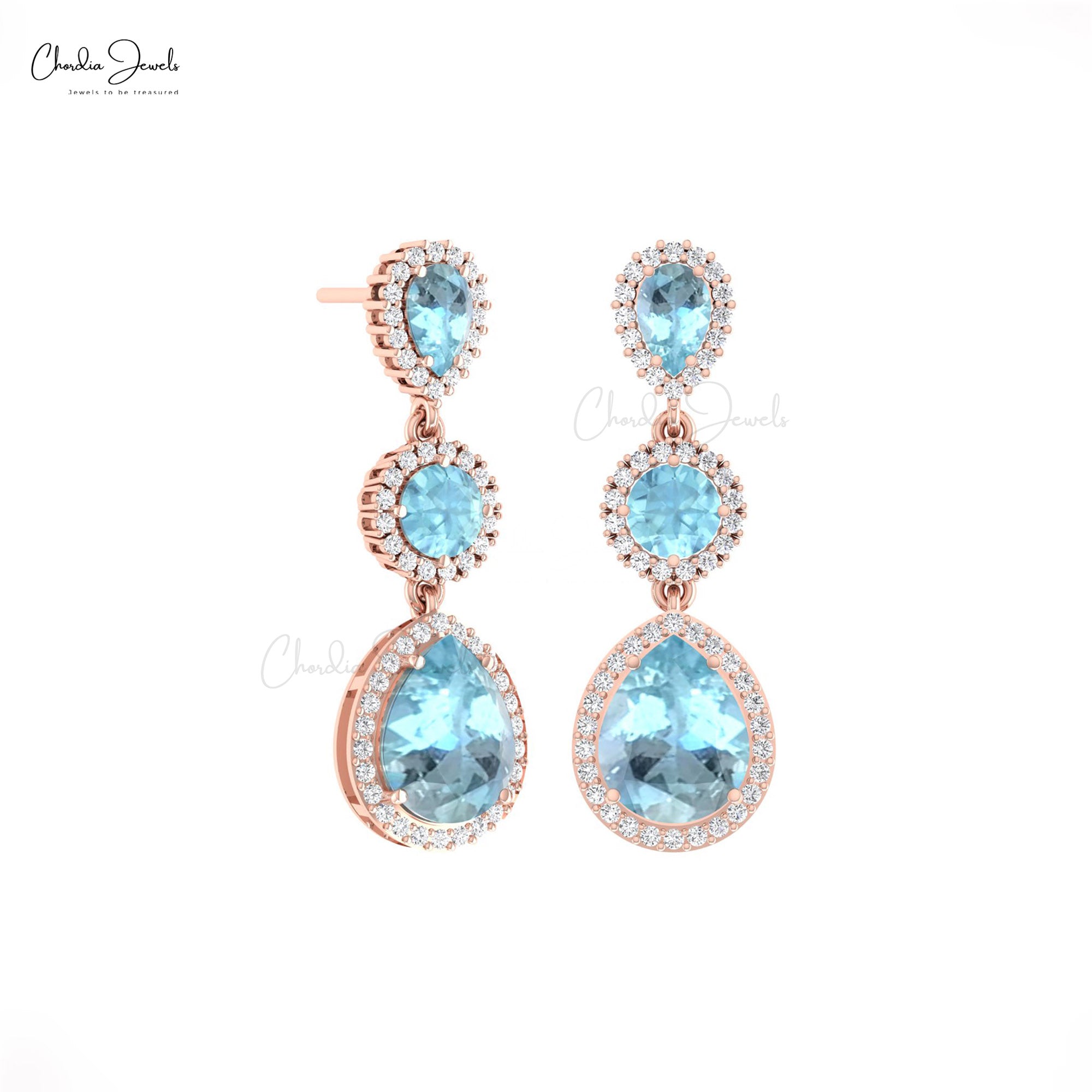 Natural Aquamarine Halo Earrings In 14k Pure Gold Diamond Dangle Push Back Earrings