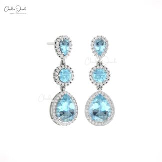 Natural Aquamarine Halo Earrings In 14k Pure Gold Diamond Dangle Push Back Earrings