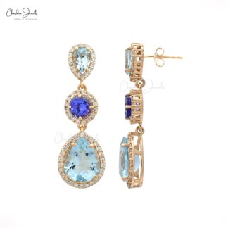 Dangle Halo Earring With 5mm Tanzanite And Aquamarine Diamond Earrings In 14k Yellow Gold