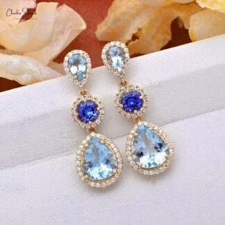 Dangle Halo Earring With 5mm Tanzanite And Aquamarine Diamond Earrings In 14k Yellow Gold