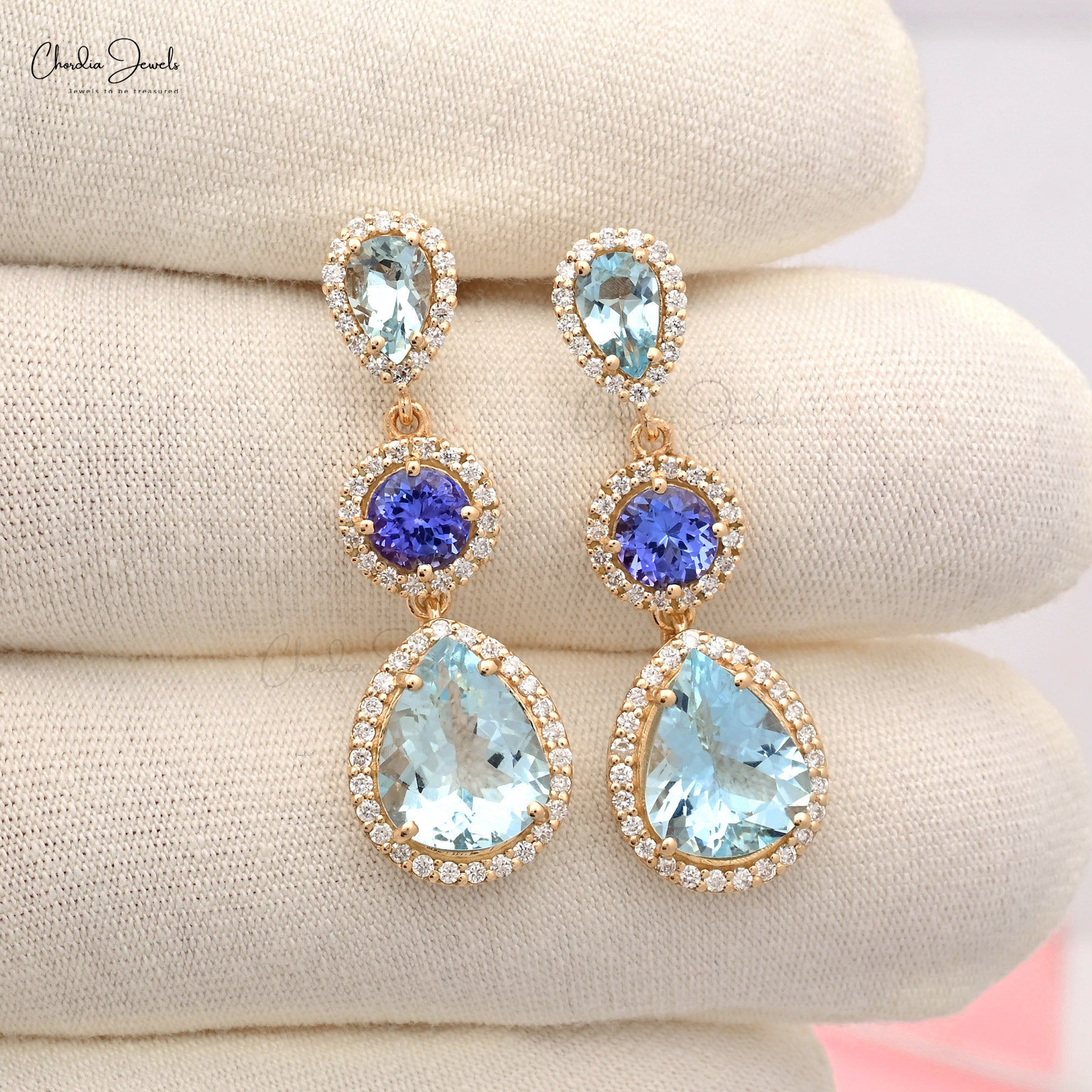 Dangle Halo Earring With 5mm Tanzanite And Aquamarine Diamond Earrings In 14k Yellow Gold