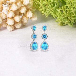 Diamond Multi Halo Earring With 6 Ct Swiss Blue Topaz 14k Real Gold Dangle Women Earrings