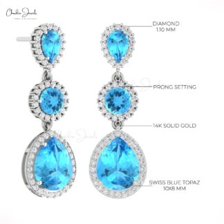 Diamond Multi Halo Earring With 6 Ct Swiss Blue Topaz 14k Real Gold Dangle Women Earrings