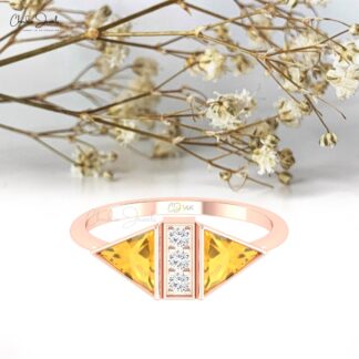 Authentic Triangle Cut Citrine Ring In Real 14k Gold Diamond Handmade Engagement Ring