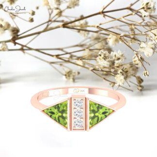 Gemstone Bezel Set Ring In Solid 4k Gold Peridot 0.5 Ct Trillion And Diamond Bridal Rings